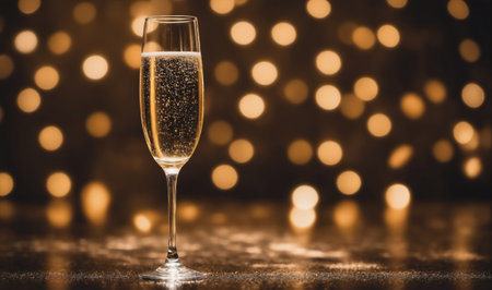 A glass of champagne sits on a table with a blurry background of golden lightsの素材