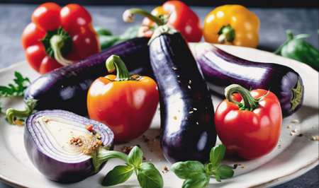 A plate of fresh eggplants, red bell peppers, and an onion, ready for cookingの素材