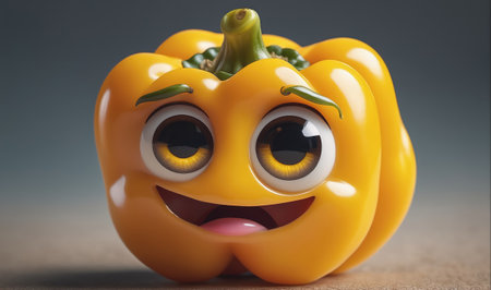 A yellow bell pepper with a friendly face smiles at the cameraの素材