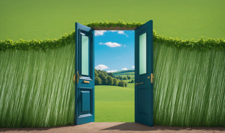 Two blue doors stand open in a green field, revealing a view of a grassy valley under a clear blue skyの素材