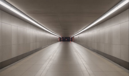 A long, empty tunnel with bright lights leads to an unknown destinationの素材