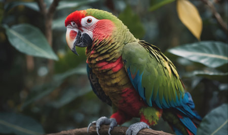 A red and green macaw perches on a branch in a lush, tropical forestの素材