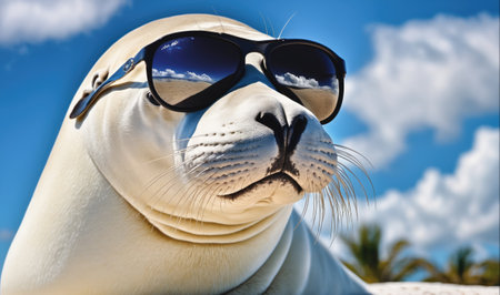 A seal wearing sunglasses looks at the camera in the sunshineの素材
