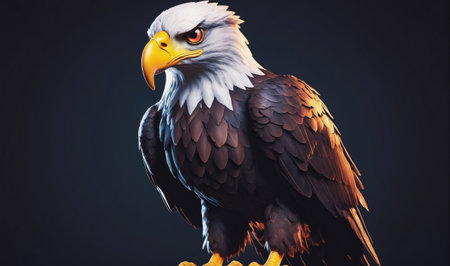 A bald eagle with a fierce expression perches on a branch, its dark brown feathers ruffled by the windの素材