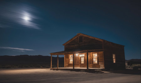 A wooden house sits under a bright moon in the desertの素材