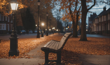 A lonely bench sits in the middle of a tree-lined street at nightの素材