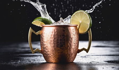 A copper mug filled with ice and lime wedges is splashed with waterの素材