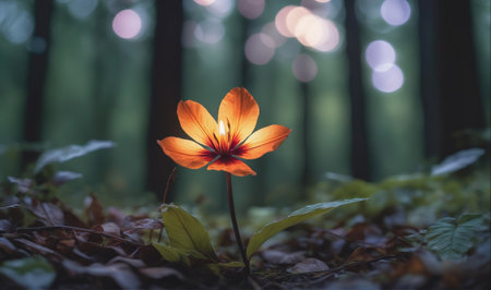 A single orange flower blooms brightly in a forest, its petals glowing in the dappled sunlightの素材