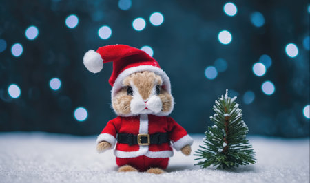 A plush toy squirrel wearing a Santa hat stands on a snowy surface in front of a small pine treeの素材