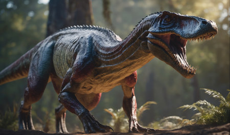 A large, predatory dinosaur walks through a lush forestの素材