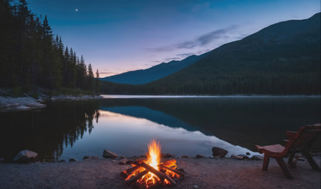 A crackling campfire sits on the lakeshore with two chairs nearby, surrounded by a quiet, still lakeの素材