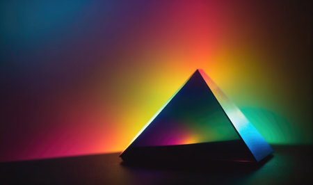 A black triangular prism sits on a dark surface, illuminated by a bright rainbow-colored lightの素材