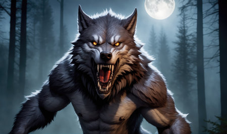 A werewolf stands in a dark forest under a full moon, its eyes glowing red with rageの素材