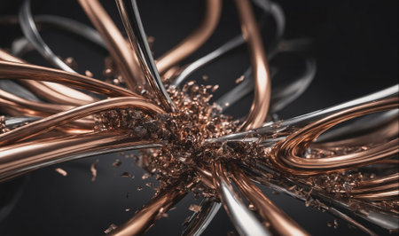 A close-up shot of shiny, intertwined copper and silver wires, with a splash of metallic particles in the centerの素材