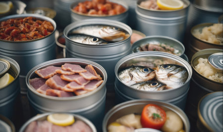 A collection of canned foods, including fish, meat, vegetables, and fruitの素材