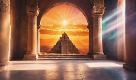 A golden sunset shines through an arched doorway in an ancient building, highlighting a large pyramid in the distanceの素材