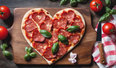 A heart-shaped pizza with pepperoni and basil sits on a wooden cutting boardの素材