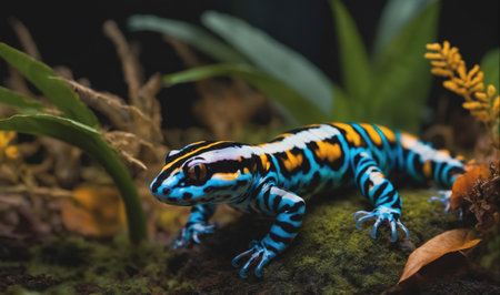 A vibrant blue and yellow lizard with black stripes rests on a mossy rock in a rainforestの素材