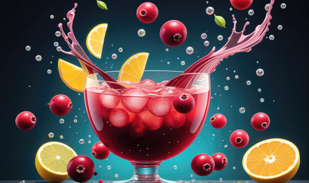 A glass of cranberry juice with ice, lemon slices, and cranberries splashing out of it against a blue backgroundの素材