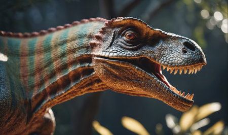 A close-up of a dinosaurs head with its mouth open, showing its sharp teethの素材
