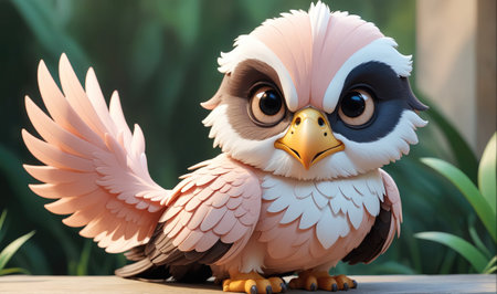 A small, pink and white bird with large, round eyes sits on a wooden surfaceの素材