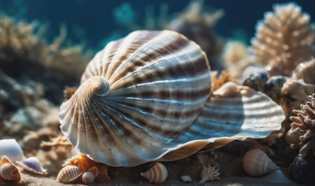 A large seashell sits on a bed of sand and other shells in the oceanの素材