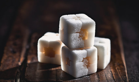 Three sugar cubes are stacked on a wooden surfaceの素材