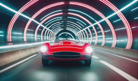 A red sports car drives through a tunnel lit with colorful neon lightsの素材