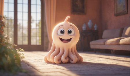 A happy, animated octopus sits on a tiled floor in a warm, sunlit living roomの素材