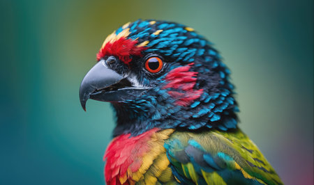 A close-up portrait of a colorful bird with bright blue, green, and red feathersの素材