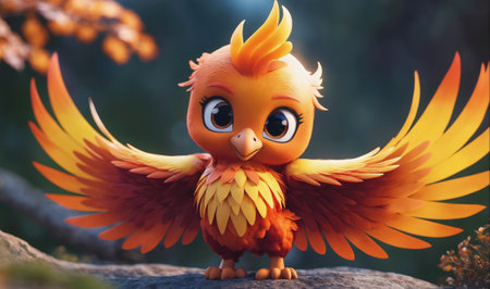 A small, orange and yellow bird with large wings stands on a rockの素材