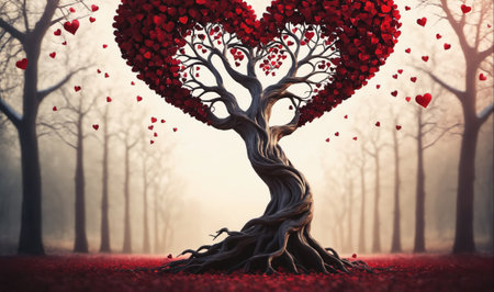 A heart-shaped tree stands tall in a forest, with red heart-shaped leaves falling from its branchesの素材