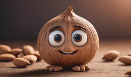 A happy almond sits on a wooden surface surrounded by other almondsの素材