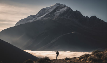 A lone hiker stands on a mountain ridge, gazing out at the snow-capped peak in the distanceの素材