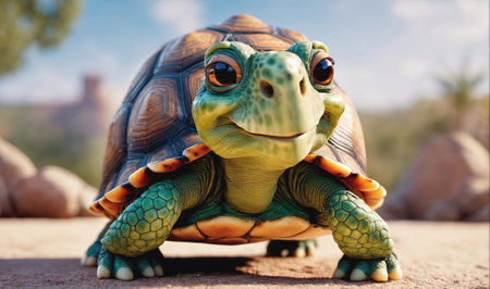 A green turtle with a brown shell smiles for the camera as it walks along the groundの素材