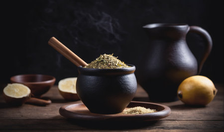 A black clay pot filled with yerba mate sits on a wooden table next to a wooden spoon, a wooden bowl, lemon halves, a yellow fruit, and a black clay pitcherの素材