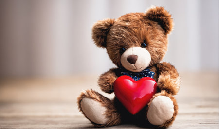 A brown teddy bear sits on a wooden surface and holds a red heartの素材