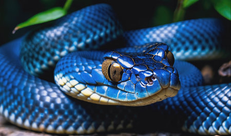 A bright blue snake with yellow markings coils itself on the forest floorの素材