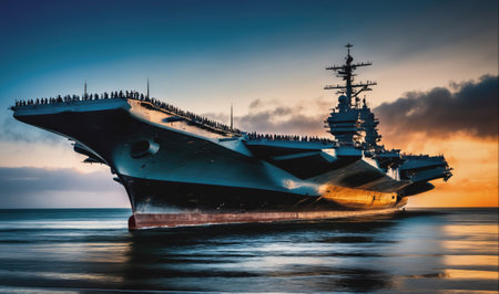 A large aircraft carrier sits in the calm ocean at sunsetの素材