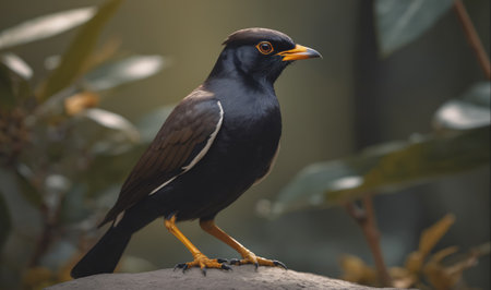 A black and white bird with an orange beak perches on a rock in a lush green forestの素材