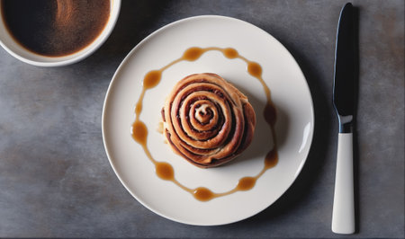 A cinnamon roll sits on a white plate with a brown sauceの素材