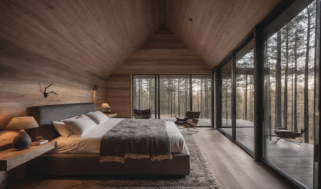 A large bed sits in the center of a wood-paneled room with large windows that look out onto a forestの素材