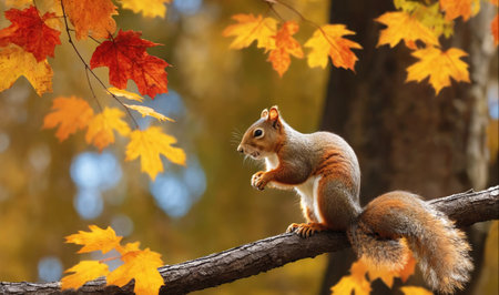 A squirrel sits on a branch with yellow and orange leaves in the backgroundの素材