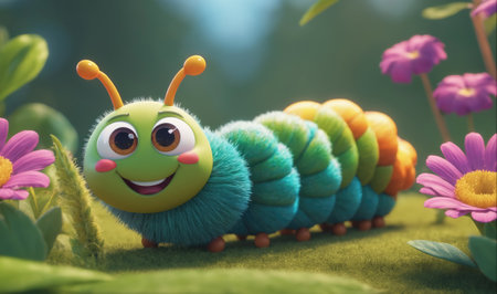 A happy, fuzzy caterpillar smiles at a pink flower in a green fieldの素材