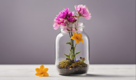 A simple flower arrangement sits on a white surface against a light gray backdropの素材