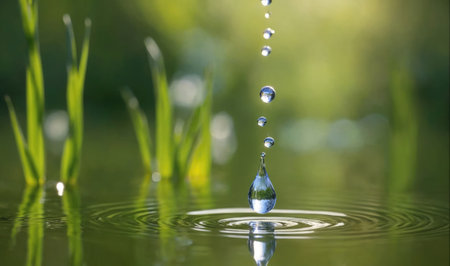 A single water drop falls from the sky into a puddle of water, creating ripplesの素材