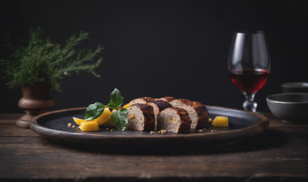 A plate of sliced meat with orange slices is set on a rustic wooden table, with a glass of red wine and a small plant in a vaseの素材