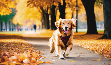 A golden retriever runs down a paved path in a park with yellow leaves scattered on the ground and treesの素材