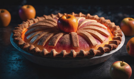 A golden apple pie sits on a dark table surrounded by whole applesの素材