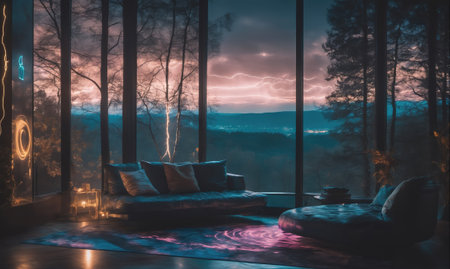 A large living room with a couch and a round seat faces a wall of windows overlooking a forest and a stormy skyの素材